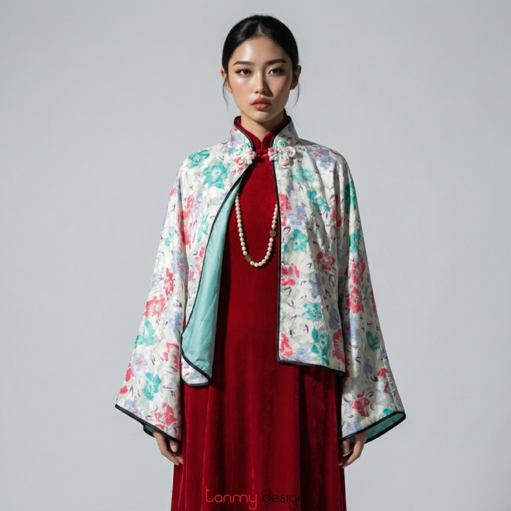 Colorful flower velvet coat with one button 